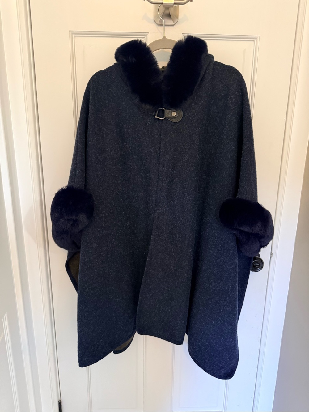 Women's Navy Wool Cape with Faux Fur Trim